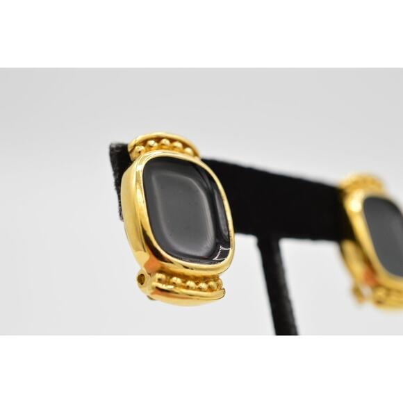 Givenchy Vintage Clip On Earrings Black Enamel Gold Tone Runway Signed 1980s 9I - Picture 7 of 9